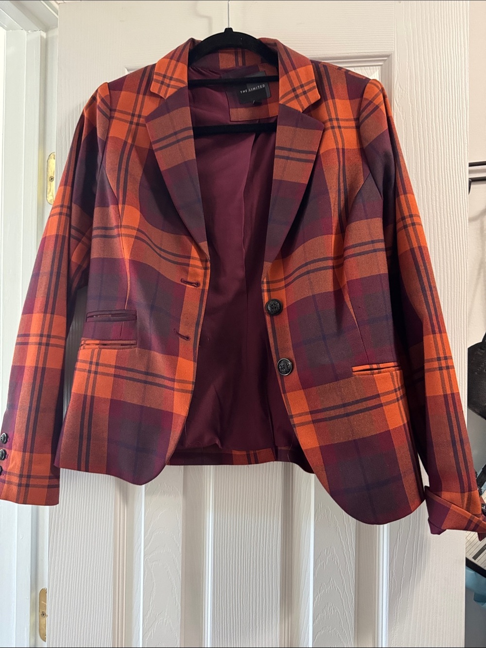 The Limited Orange and Burgundy Plaid Blazer